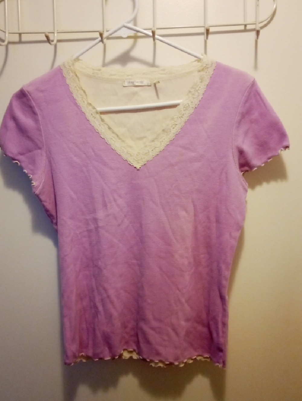 Daisy Fuentes Lavender V-Neck Tee with Cream Lace Trim